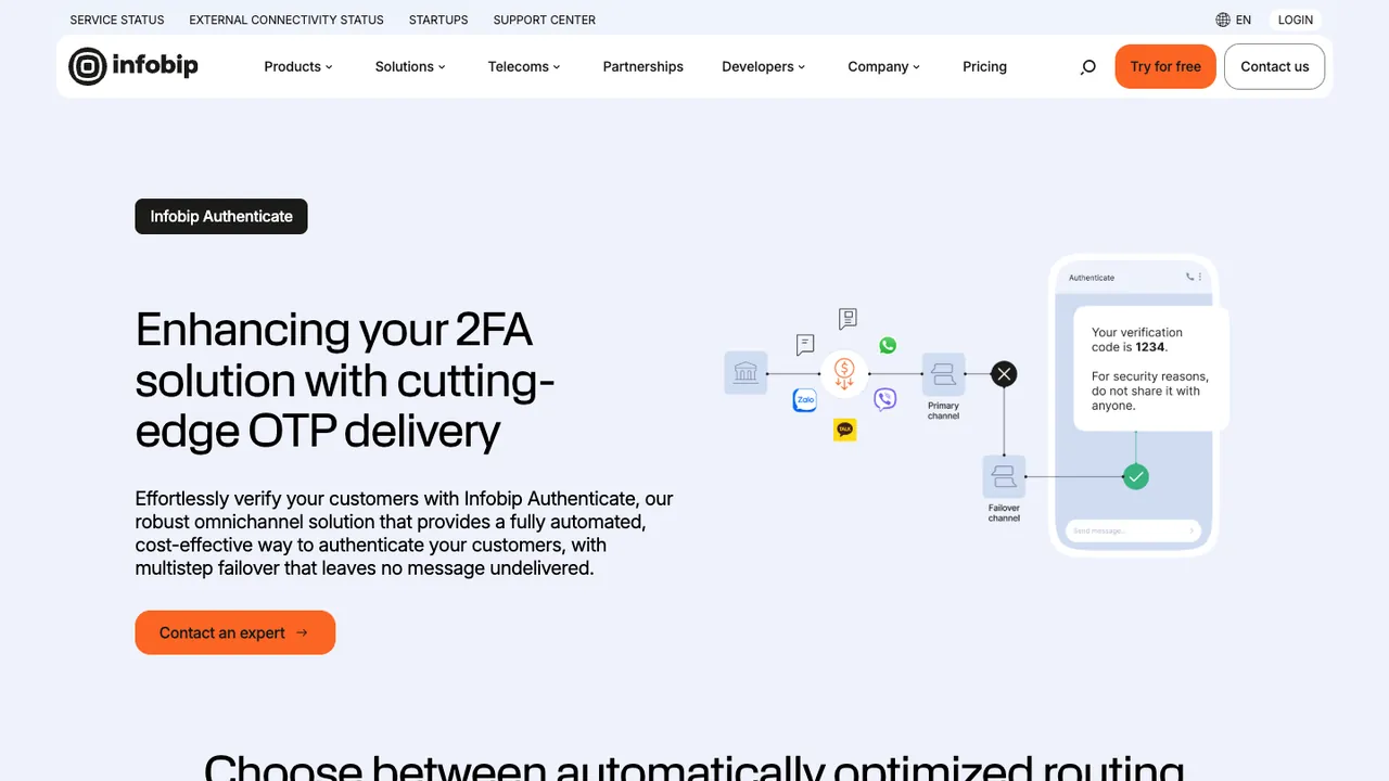 Infobip Authenticate product page, with the headline “Enhancing your 2FA solution with cutting-edge OTP delivery.”