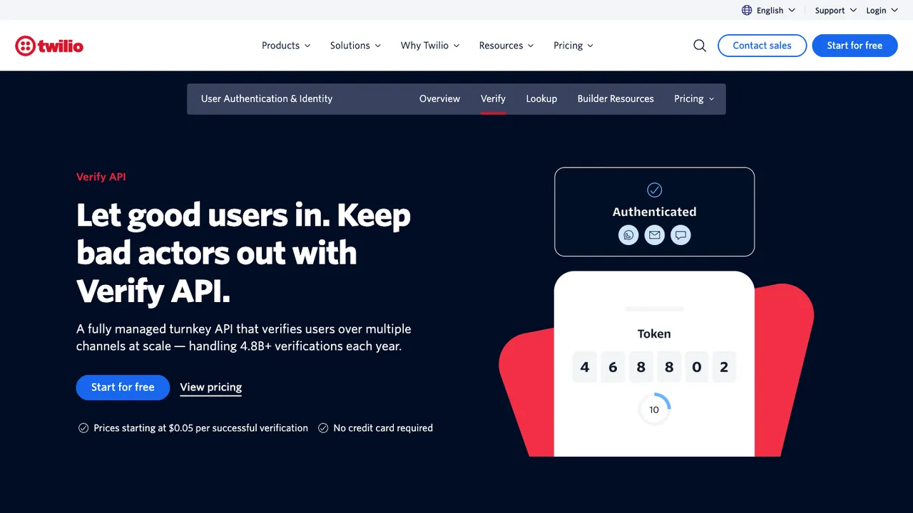 Twilio Verify API product page, with the headline “Let good users in. Keep bad actors out with Verify API.”
