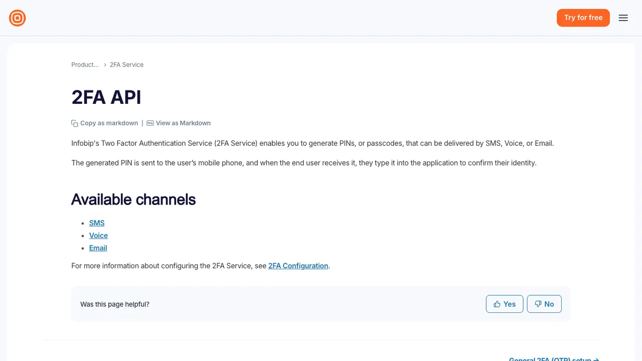 Infobip 2FA API documentation page, listing SMS, voice and email as the available channels.