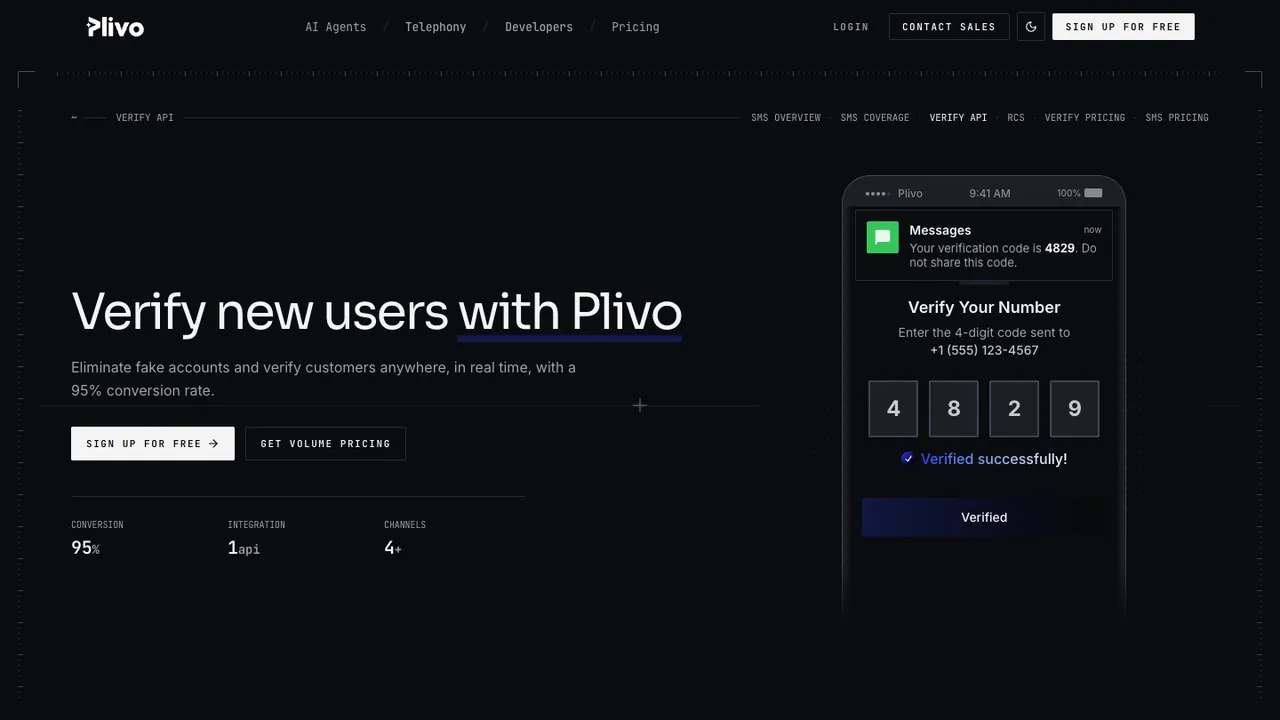 Plivo Verify product page, with the headline “Verify new users with Plivo” and a phone showing a verification code.