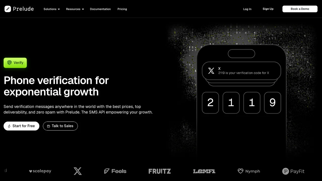 Prelude Verify product page, with the headline “Phone verification for exponential growth.”