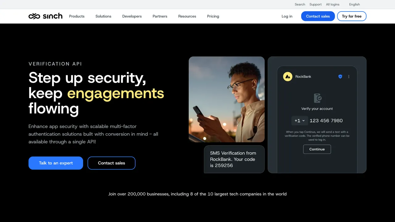 Sinch Verification API product page, with the headline “Step up security, keep engagements flowing.”