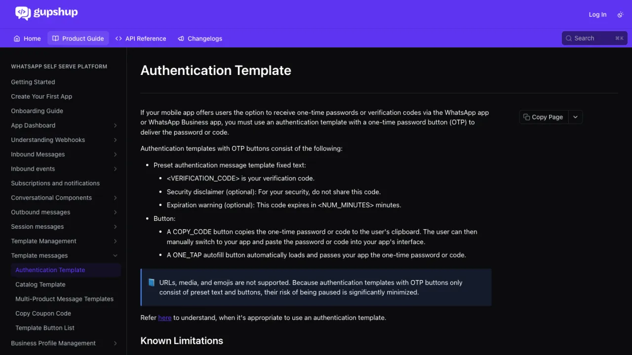 Gupshup documentation page for WhatsApp authentication templates, listing the template text and OTP button options.