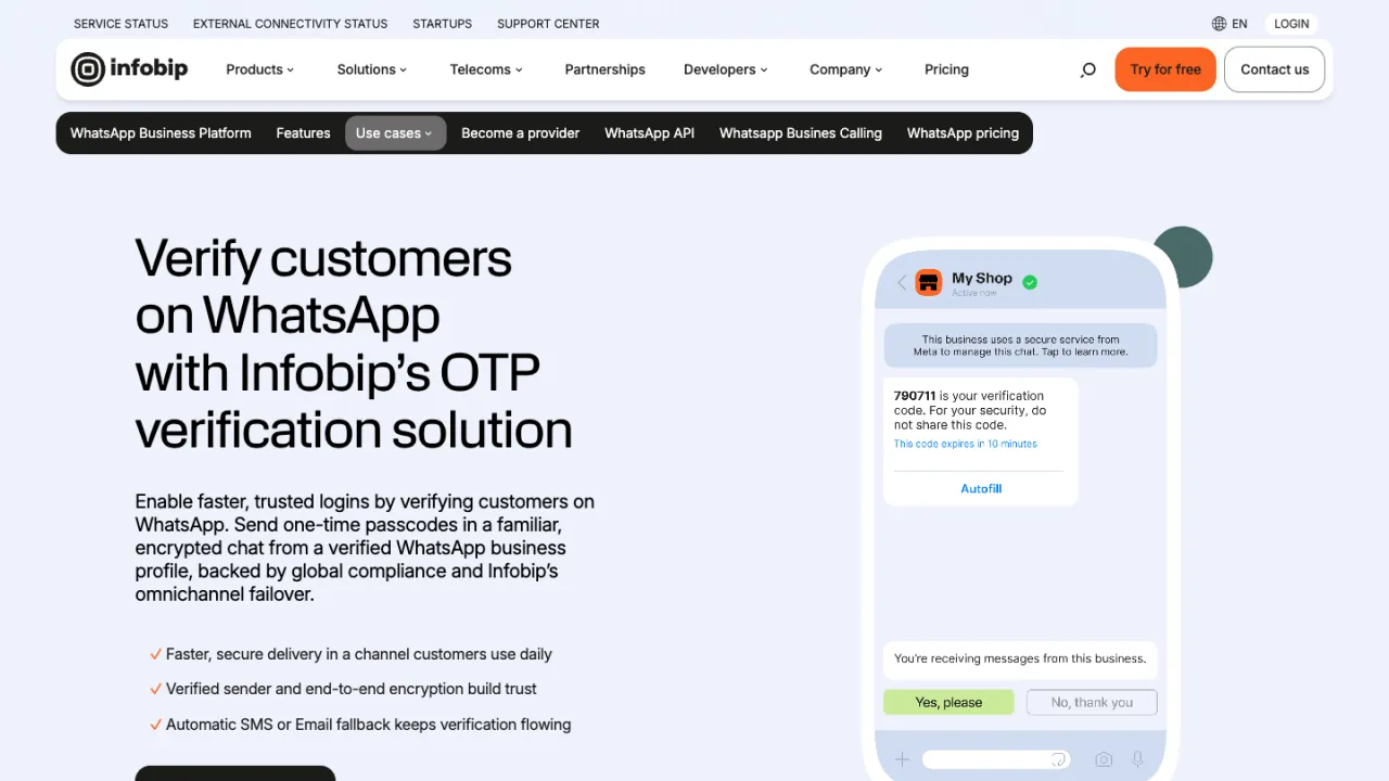 Infobip WhatsApp OTP page, with the headline “Verify customers on WhatsApp with Infobip’s OTP verification solution” and a phone showing a WhatsApp verification code.