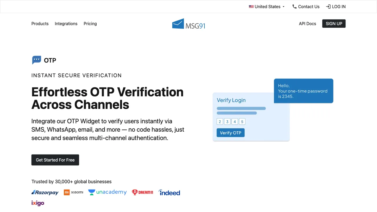 MSG91 OTP product page, with the headline “Effortless OTP Verification Across Channels” and a verify-login illustration.