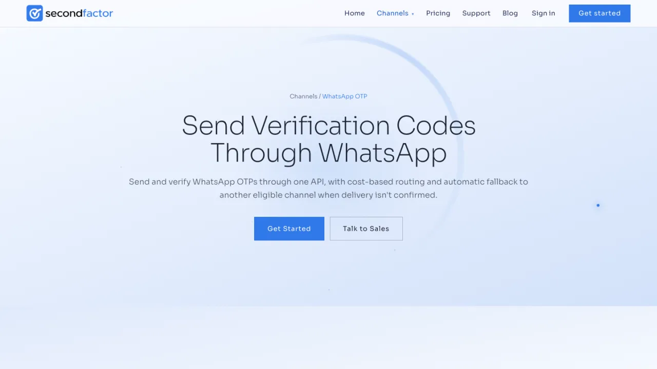 SecondFactor WhatsApp OTP page, with the headline “Send Verification Codes Through WhatsApp.”