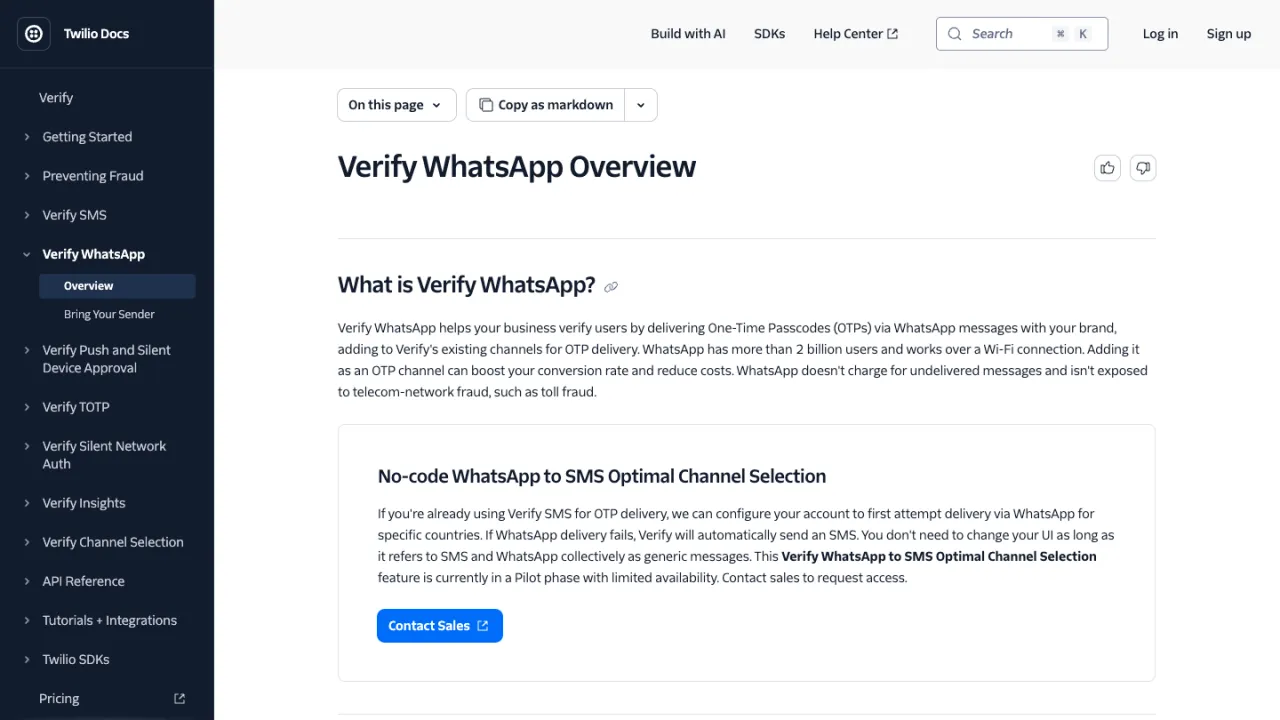 Twilio Docs “Verify WhatsApp Overview” page, describing WhatsApp OTP delivery and WhatsApp-to-SMS Optimal Channel Selection.