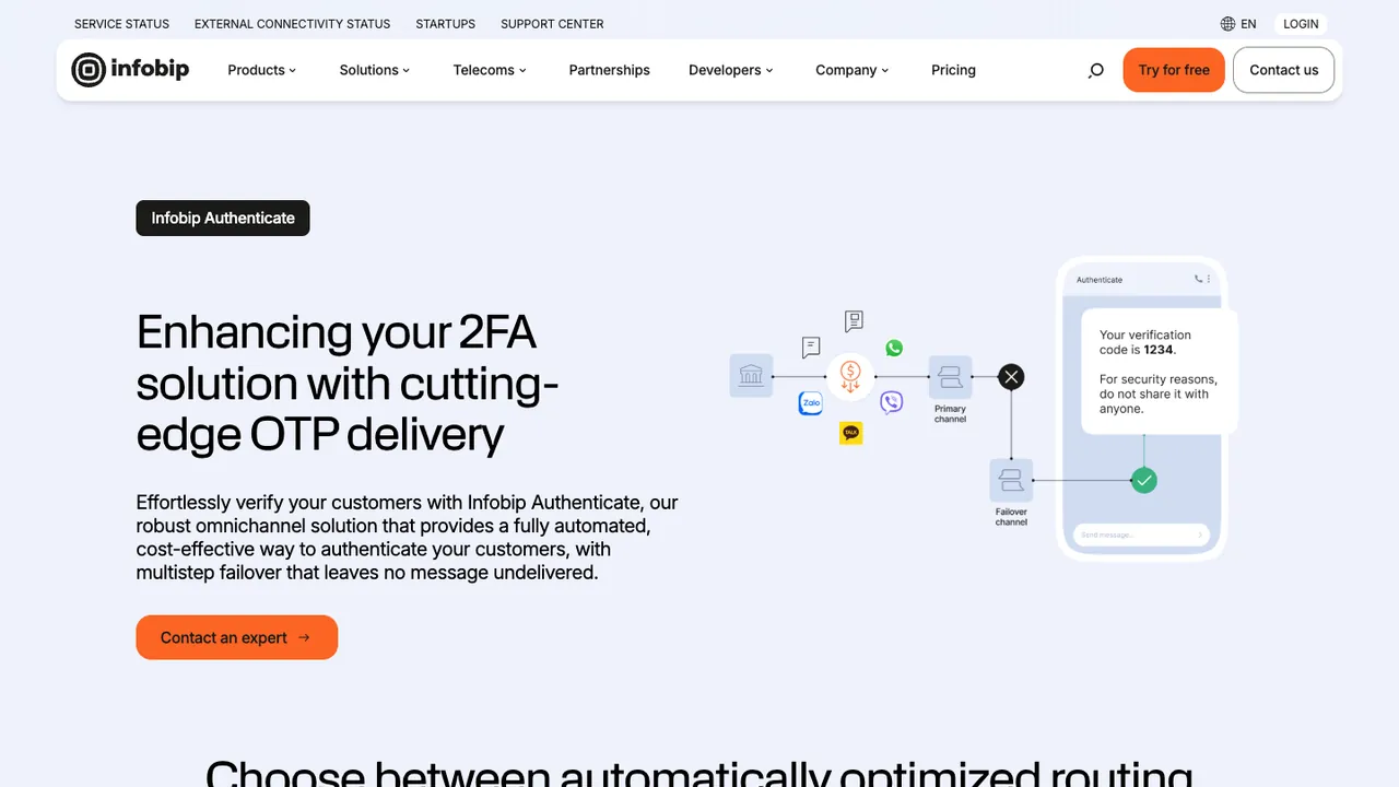 Infobip Authenticate product page, with the headline “Enhancing your 2FA solution with cutting-edge OTP delivery.”