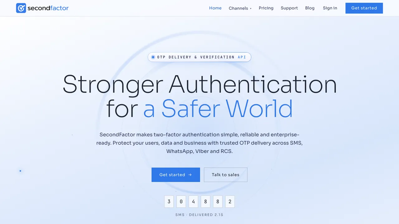 SecondFactor home page, with the headline “Stronger Authentication for a Safer World.”