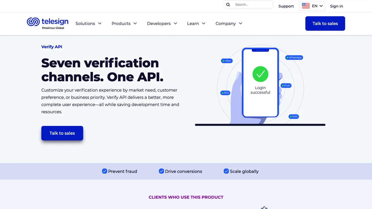 Telesign Verify API product page, with the headline “Seven verification channels. One API.”