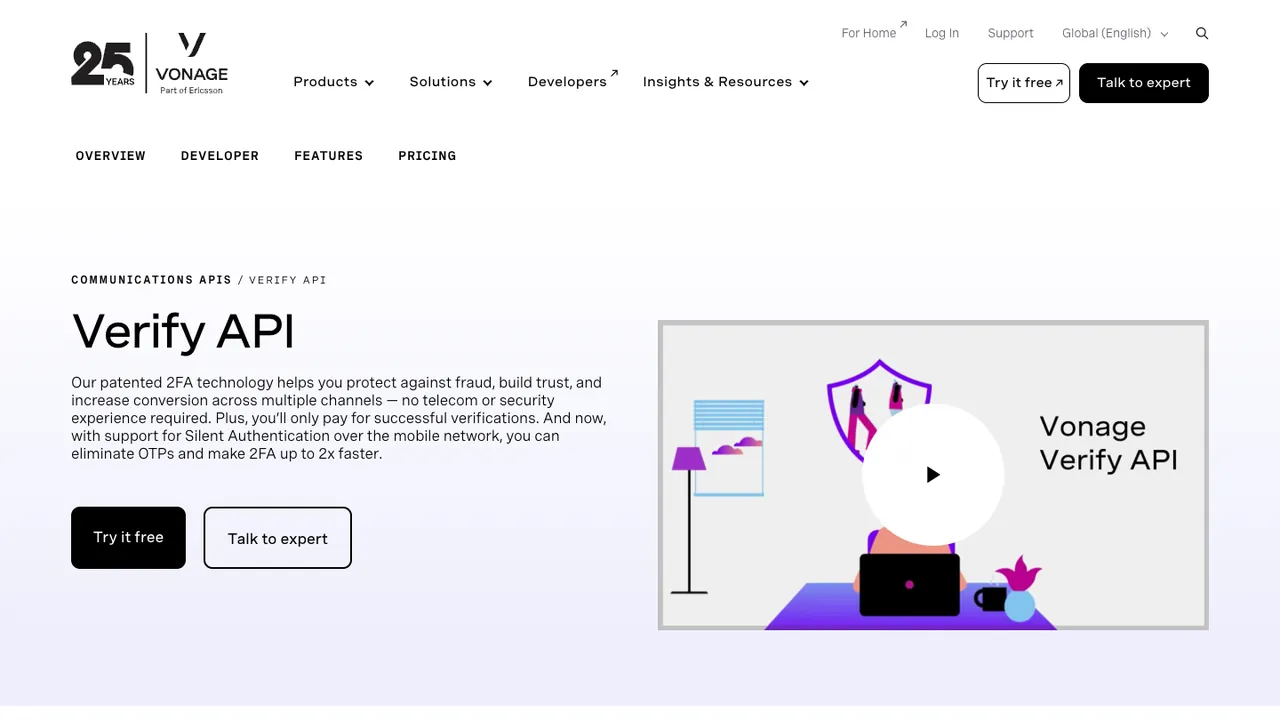 Vonage Verify API product page, showing the Verify API headline and an introductory video.