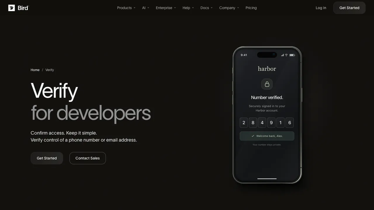 Bird Verify API product page, with the headline “Verify for developers” and a phone showing a verified number.