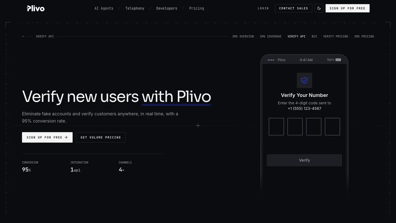 Plivo Verify product page, with the headline “Verify new users with Plivo” and a phone showing a code entry screen.