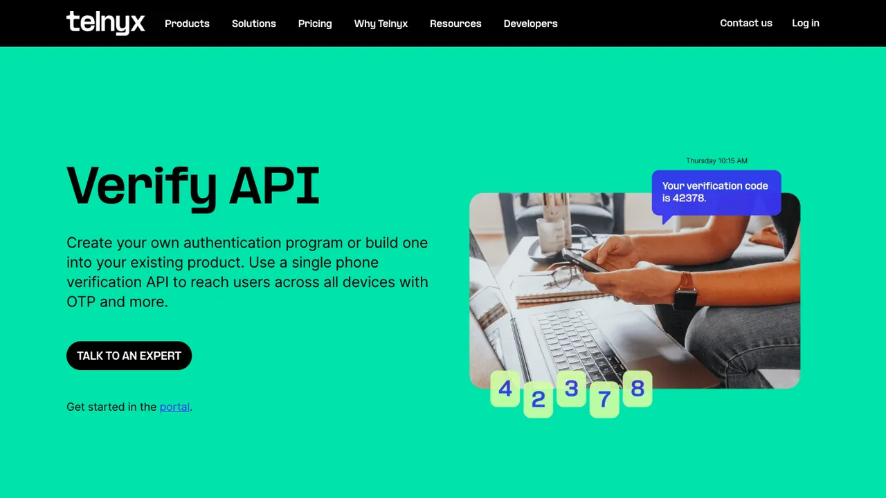 Telnyx Verify API product page, with the headline “Verify API” and a phone showing a verification code.